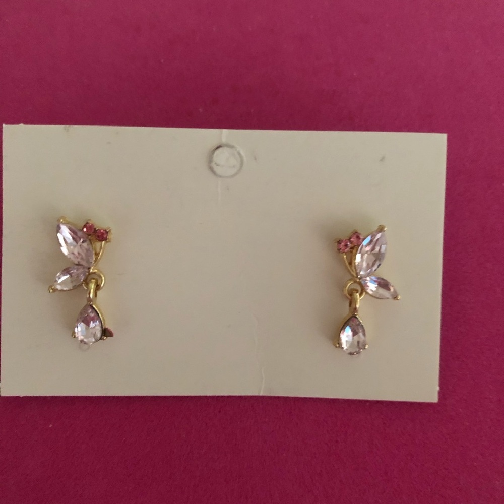 NWT Gold-Tone Pink Crystal Drop Butterfly Earrings